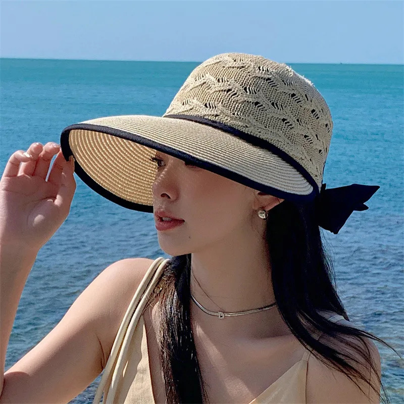 Women Ponytail Straw Sun Hat Wide Brim Visor Summer Adjustable Cap Sun Beach Foldable Hats 250218