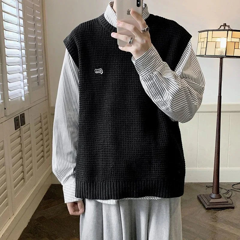 Knitted Sweaters for Men Hippie Black Vest Crewneck Man Clothes Waistcoat Round Collar Sleeveless Warm in S Over Fit Knit X 250225