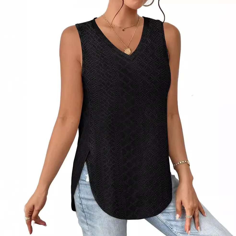 Womens Summer Top V-neck Vest Sleeveless Eyelet Jacquard Top Casual Vest Side Split T-shirts For Women Knitted Top 250226