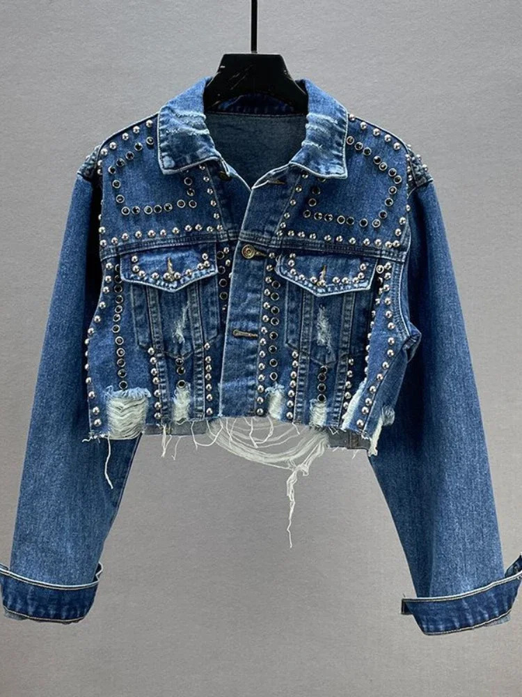 Womens Denim Jacket Spring Summer in Heavy Industry Rivet Studded Jean Jacket Women Worn Nail Bead Jean Jacket Top 250225
