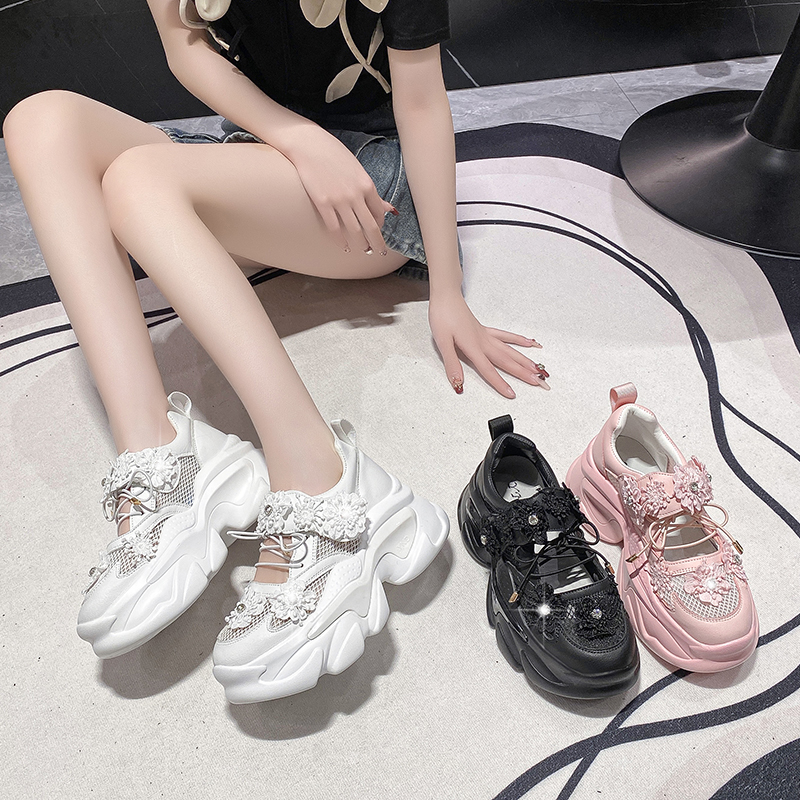 Women Platform Casual Breathable Crystal Flower Shoes Summer Chunky Sneakers 7.5CM Hidden Heels Hollow Leisure Shoes Woman Fashionable sports sandals