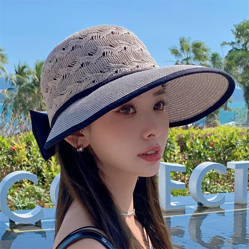 Women Ponytail Straw Sun Hat Wide Brim Visor Summer Adjustable Cap Sun Beach Foldable Hats 250218