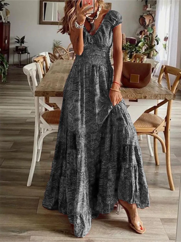 Womens Summer Ethnic Style Printed Dress Short-sleeved Waist Dress Fashionable Floral Petal Sleeves Large Hem A-line Dress 250225