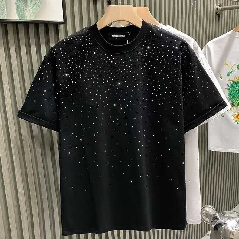 Summer Mens Rhinestone Rivet T-shirt Cotton Round Neck Casual T shirts Fashion High Street 2024 Men Short Sleeves X250203