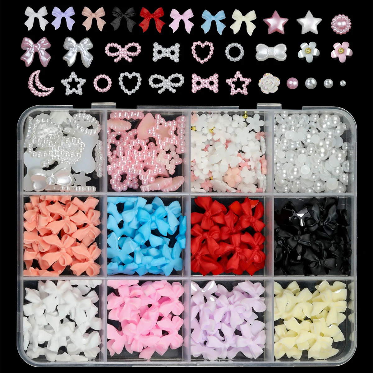 12 GridBox Mixed Resin Bow Knot Nail Art Decoration 3D Acrylic Charm Kawaii Color Water Diamond DIY Hand Tool Parts 250217