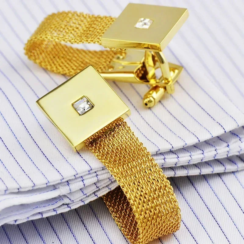 Fashion Chain Mesh Crystal Cufflinks Business Casual French Shirt Buttons Mens Party Daily Dress Jewelry Accessories 250225