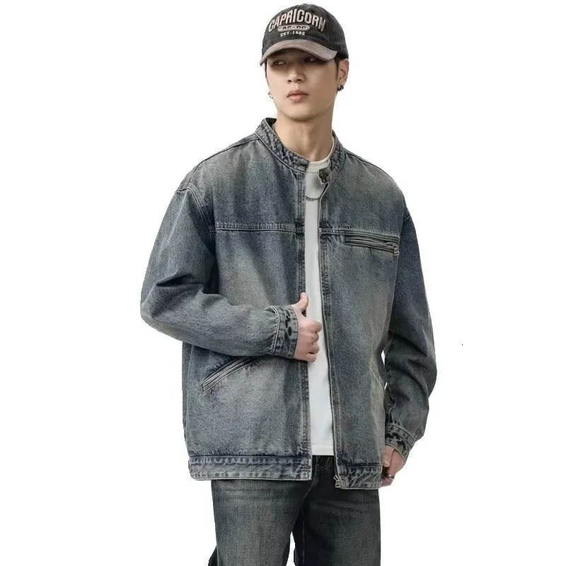 Vintage Denim Jacket Mens Loose-Fit High-End Feel American Style Distressed Washing For Autumn Trendy Workwear 250225