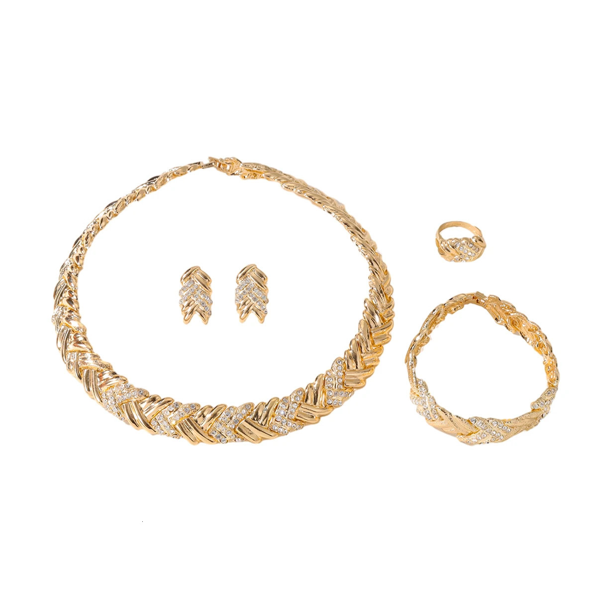 Fashion Crystal 18k Gold Plated Dubai Jewelry Set Necklace Wedding Earrings Ring Bracelet Women Bridal Jewelry Accessories 250221