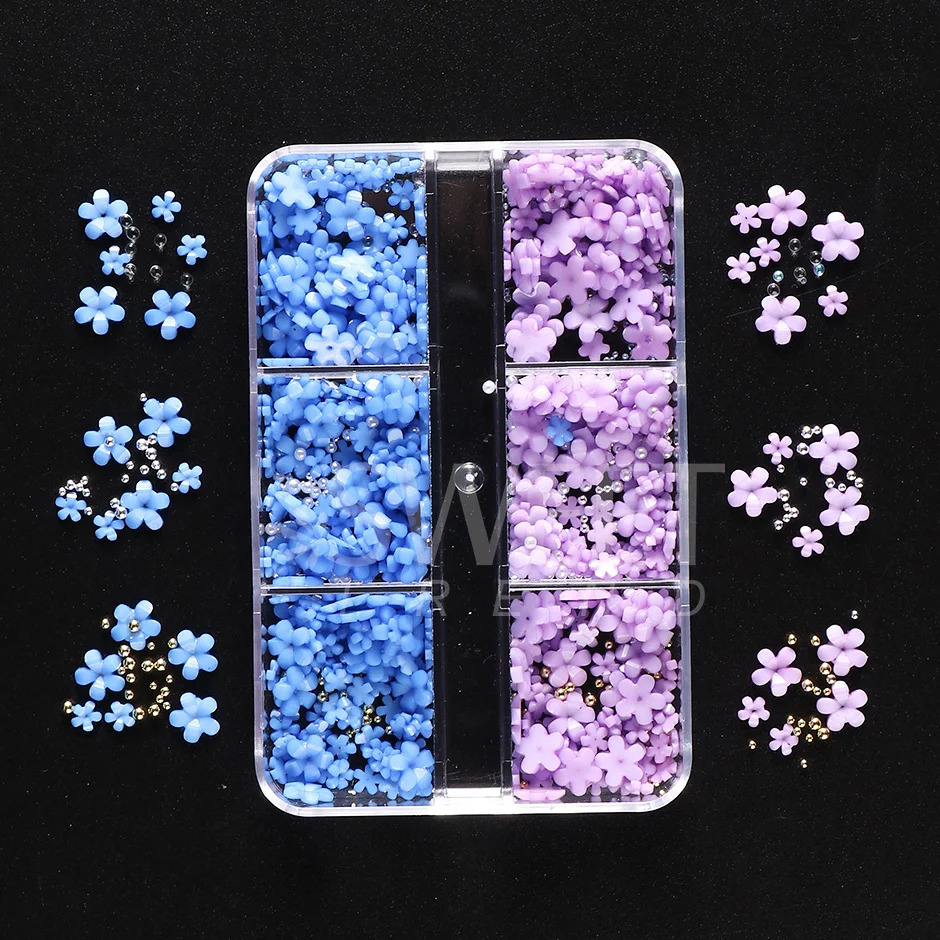 6 Grids Nail Art Decoration Pink White Acrylic Flower Charms with Beads Gem DIY Parts for Accessories Tool SASZCT156 250217