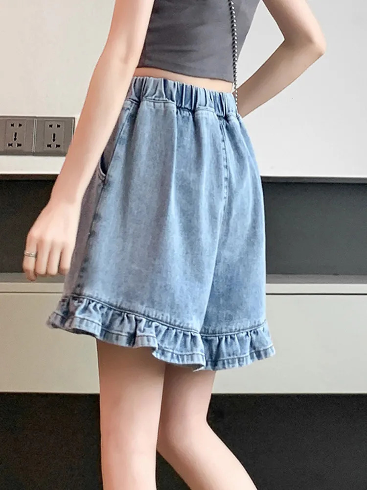 M-6XL Plus Size Denim Shorts Women Summer Korean Fashion Ruffles All Match High Waist Short Pants Jeans Female 250226