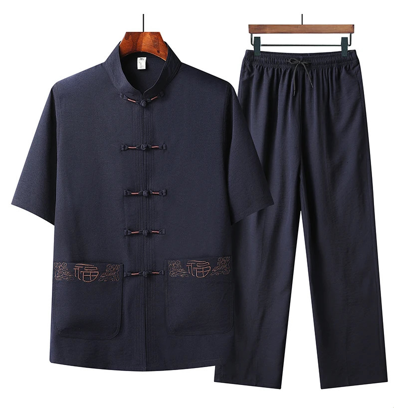 Chinese style Shirts Pants summer 100% Cotton linen Sportswear Mens Casual Sets spring Male Fashion Chinese style trousers 250222