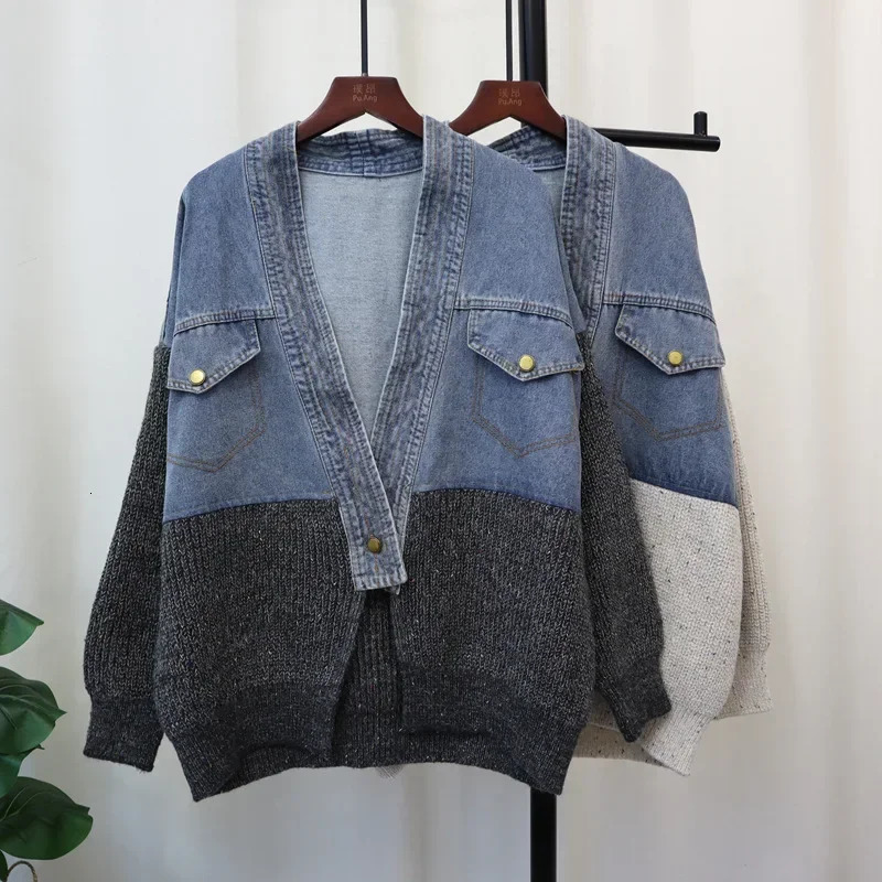 Women Denim Sweater Cardigan Kintted Button Loose Spring Autumn Vintage Winter Streetwear Y2k Jumper Coat Cardigans 250225
