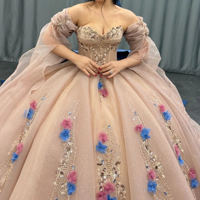 Pink Shiny Quinceanera Dresses Ball Gown Off The Shoulder Flower Beading Crystal Bow Tull Party Birthday Sweet 16 Dress Vestidos 15 Anos
