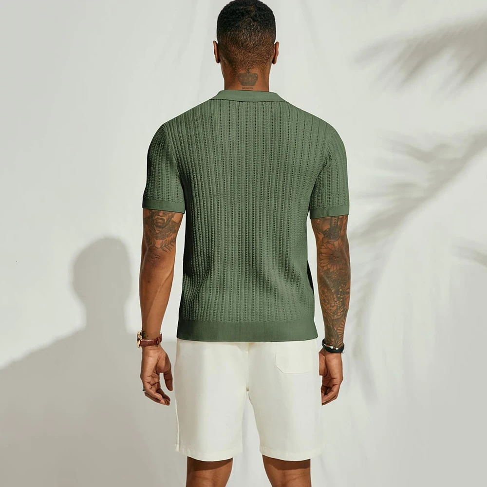 Mens Casual Tops Summer Cool Knitted Mens Shirts Short-sleeved Lapels Solid Color Hollow Breathable Clothing 250224