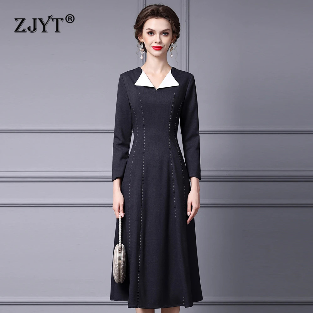 ZJYT Arrivals Spring Dresses for Women 2025 Runway Fashion Long Sleeve Brief Casual Midi Dress Aline Grey Vestidos Female 250225