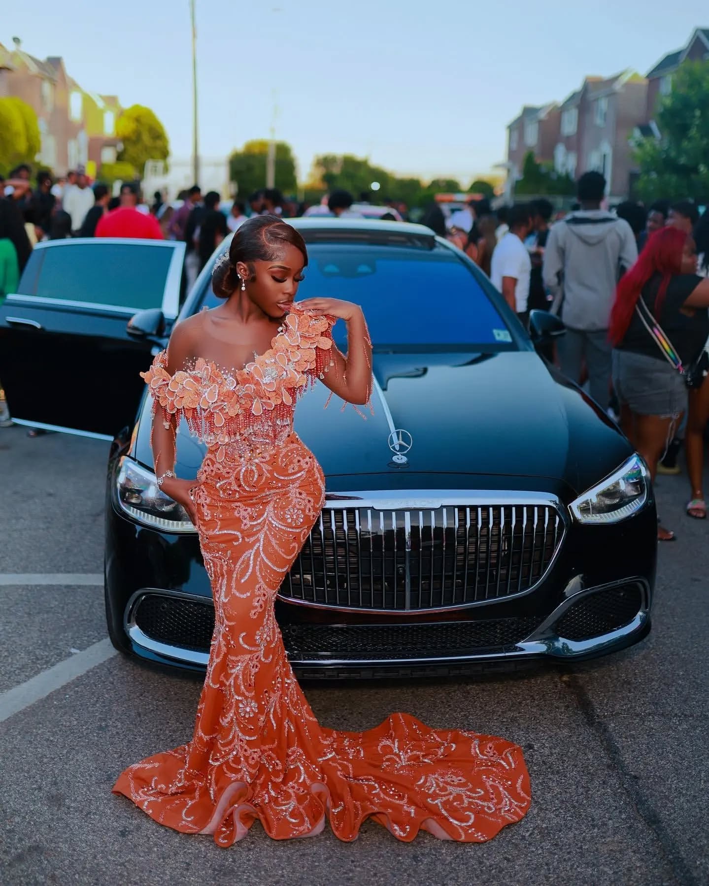 Orange Mermaid Prom Dresses 2025 Florals Crystals Lace Luxurious Evening Formal Party Second Birthday Engagement Gowns Plus Size Dress For Special Occ