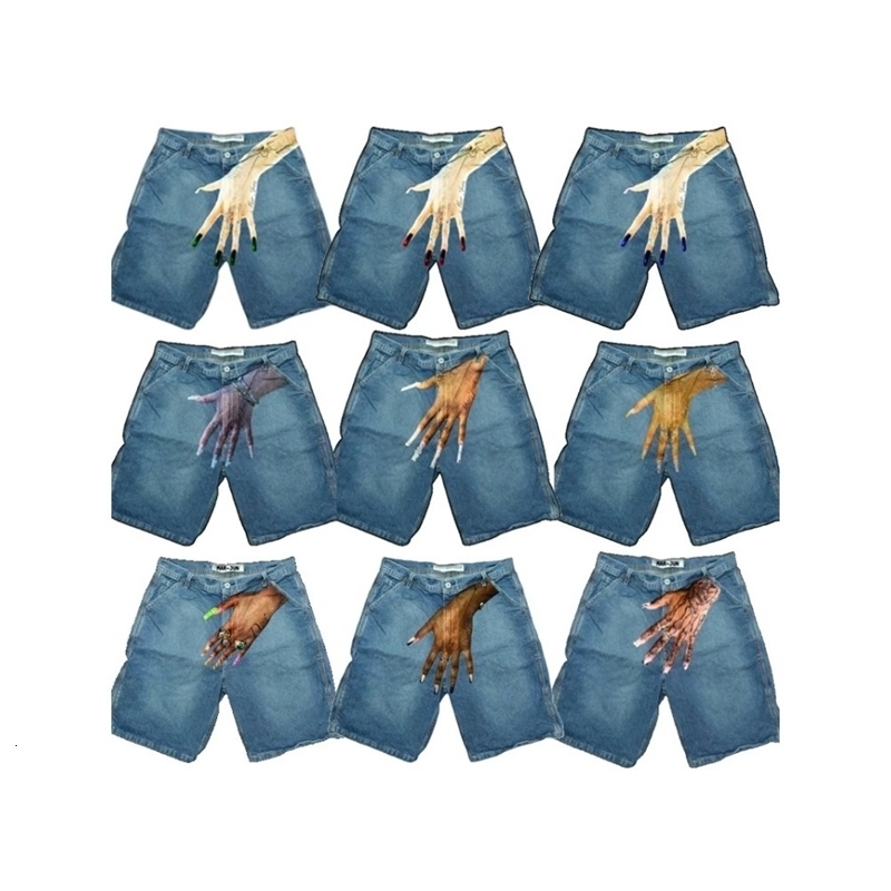 Vintage Blue Palm Print Baggy Denim Gym Shorts Harajuku Y2K Pants Mens Graphic Streetwear Gothic Sweatpants Shorts Men Clothing 250226