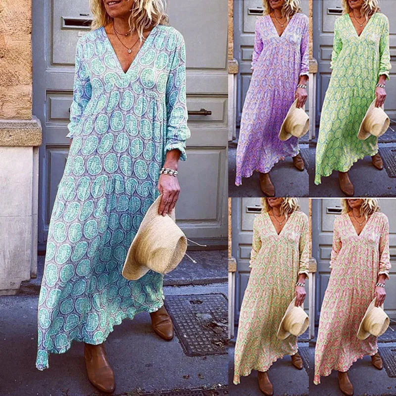 Casual Bohemian Style Beach Dresses For Women Fashion Printed Sexy V-neck Long Sleeve Loose Maxi Dress Vestidos Streetwear 250225