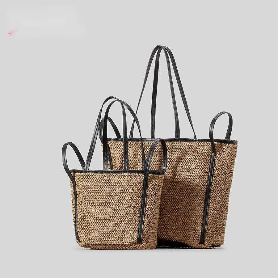 leather shoulder strap contrasting woven bag, women's large capacity seaside vacation style woven bag, summer grass woven bag 250215