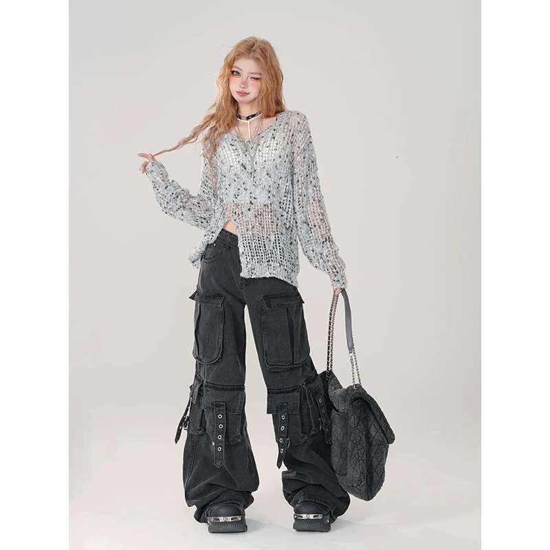 MDNG Women Y2k Japanese Streetwear Design Cargo Denim Pants Long Trousers American Vintage Gyaru 2000S Aesthetic Grunge Jeans