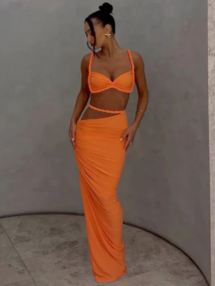 2025 In Matching Sets Women Elegant Sleeveless Pleated Crop Tops Irregular Waist Long Skirt Vacation Beach Lady Suit Summer 250225