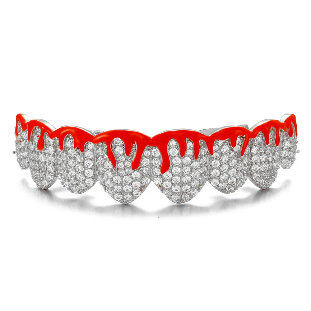 8/8 Red Drip Oil CZ Teeth Caps Cubic Zircon Iced Out Micro Pave Top Bottom Charm Grills For Men Women Jewelry Gift 250220