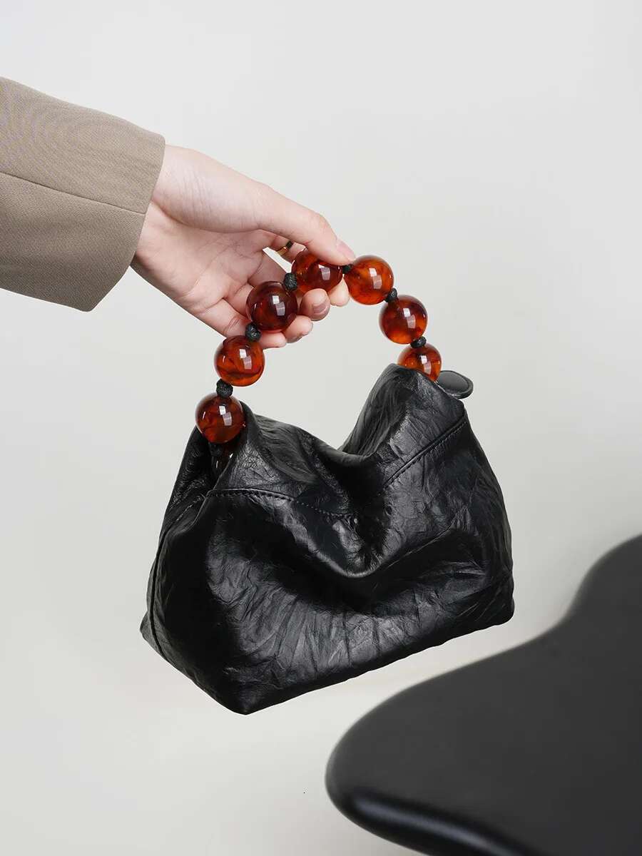 First Layer Of Cow Leather Mini Pouch Beaded Handle 3 Wearing Ways Chain Strap Shoulder Crossbody Bag For Women