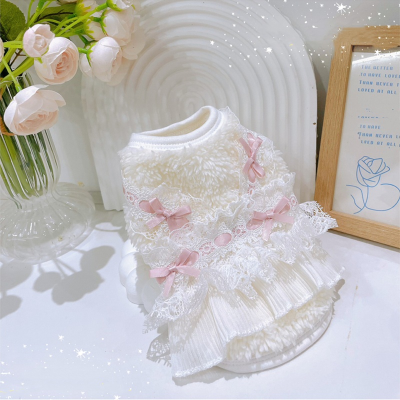 Dog Clothes Cat Clothes with Lace Bow Decoration, Comfortable and Soft Wool Material Dog Vest, Thick and Warm Winter Clothes with Velvet for Small Med