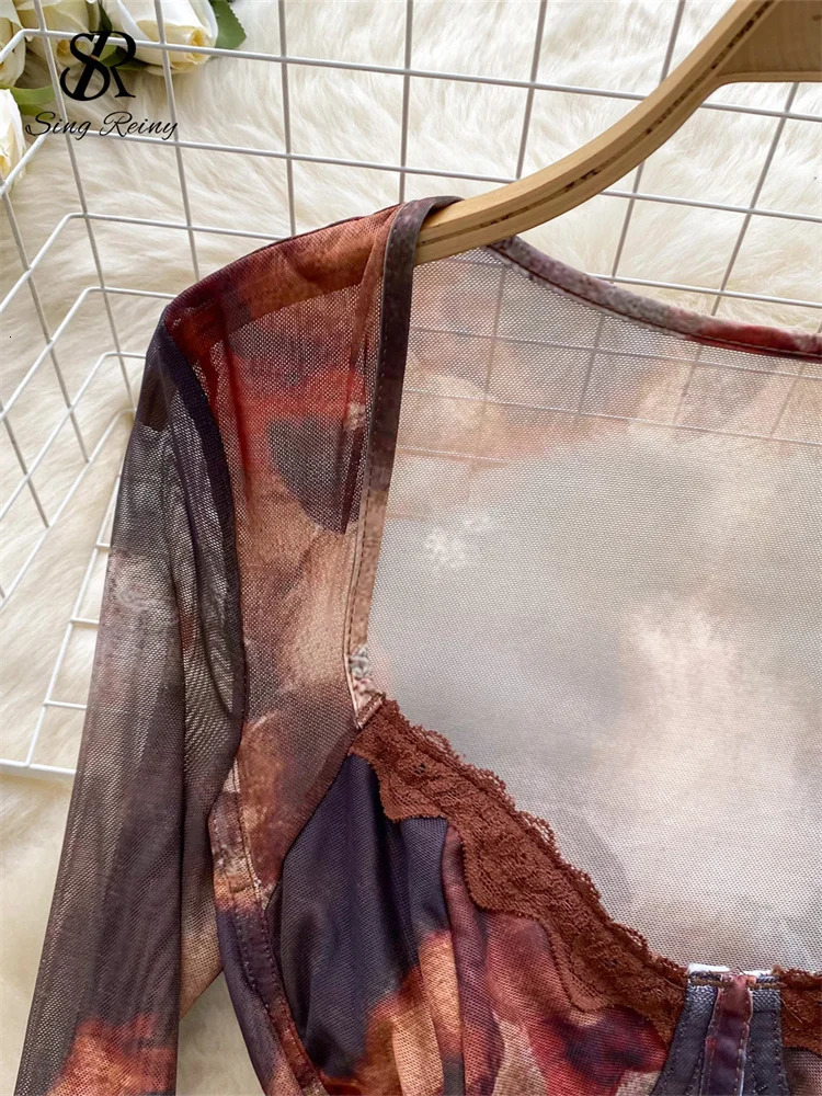 SINGREINY Mesh Print Sexy Bodysuit Square Neck Long Sleeves Open Crotch Slim Jumpsuit Women Tie Dye Retro Sheath Playsuits 250225