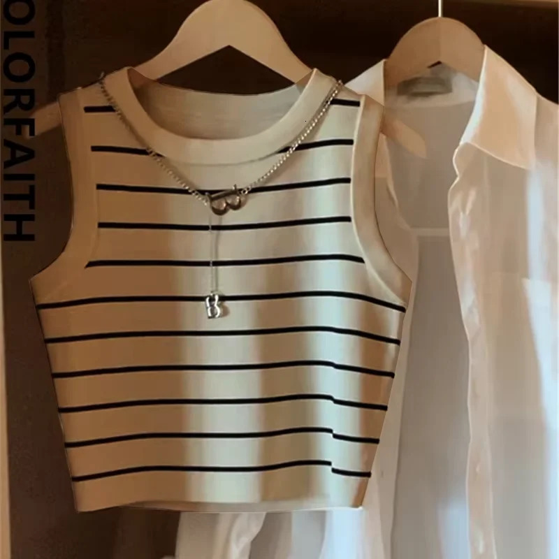 2025 Basic Bottoming Striped Chain Elasticity Vests Women Tank Camis Spring Autumn Wild Crop Short Top 250226