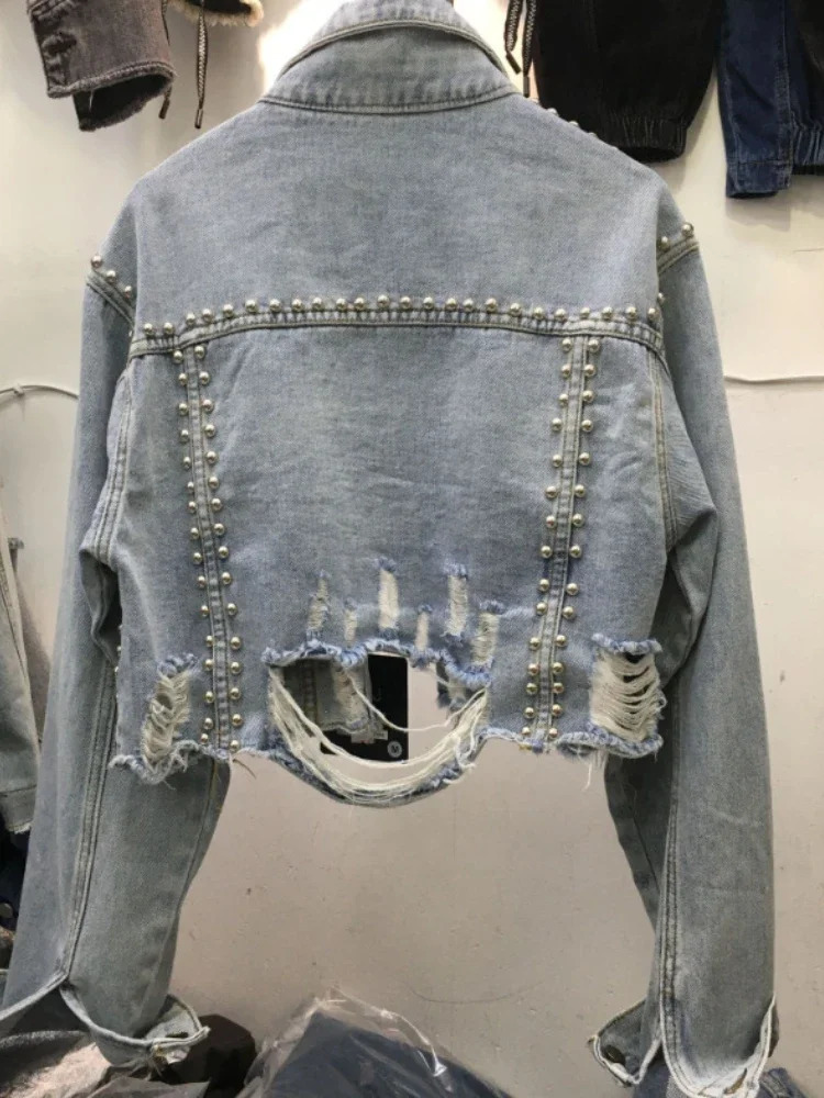 Womens Denim Jacket Spring Summer in Heavy Industry Rivet Studded Jean Jacket Women Worn Nail Bead Jean Jacket Top 250225