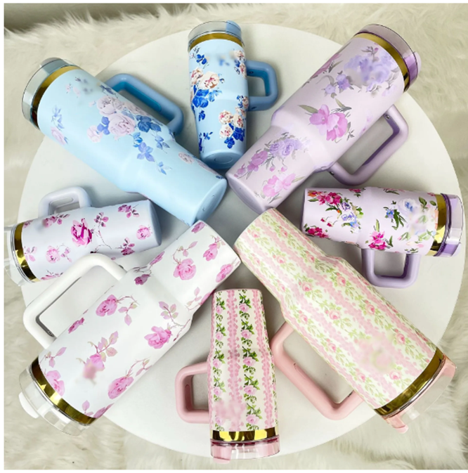 40oz TUMBLER Pink Rose Blue Magnolia Mug Holiday Stainless Steel Tumbler with Silicone Handle Lid and bow