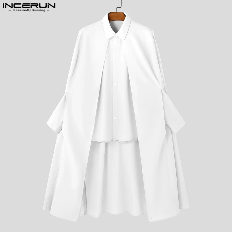 Fashion Casual Style Tops INCERUN Mens Hollowed Cape Mid Length Shirt Male Solid Simple Loose Long Sleeved Blouse S-5XL 250224
