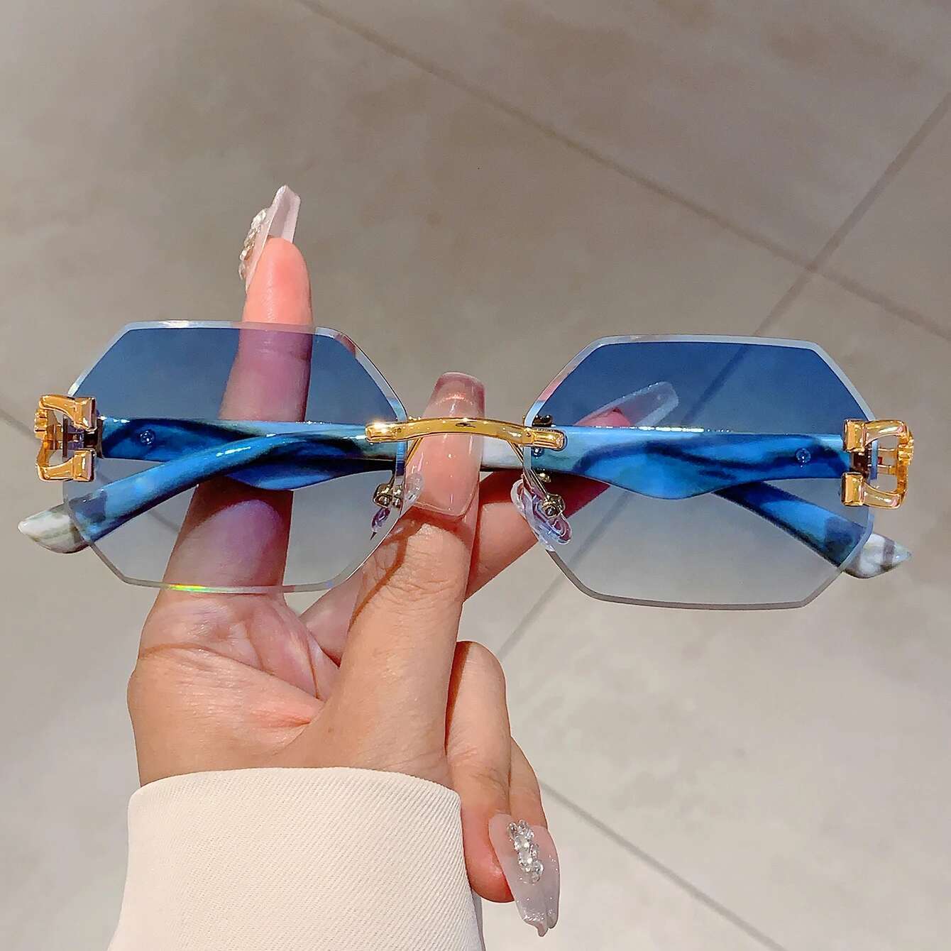 KAMMPT Vintage Rimless Polygon Shades Brand Gradient Women's Sunglasses Fashion Leopard Decor Travelg Sun Glasses