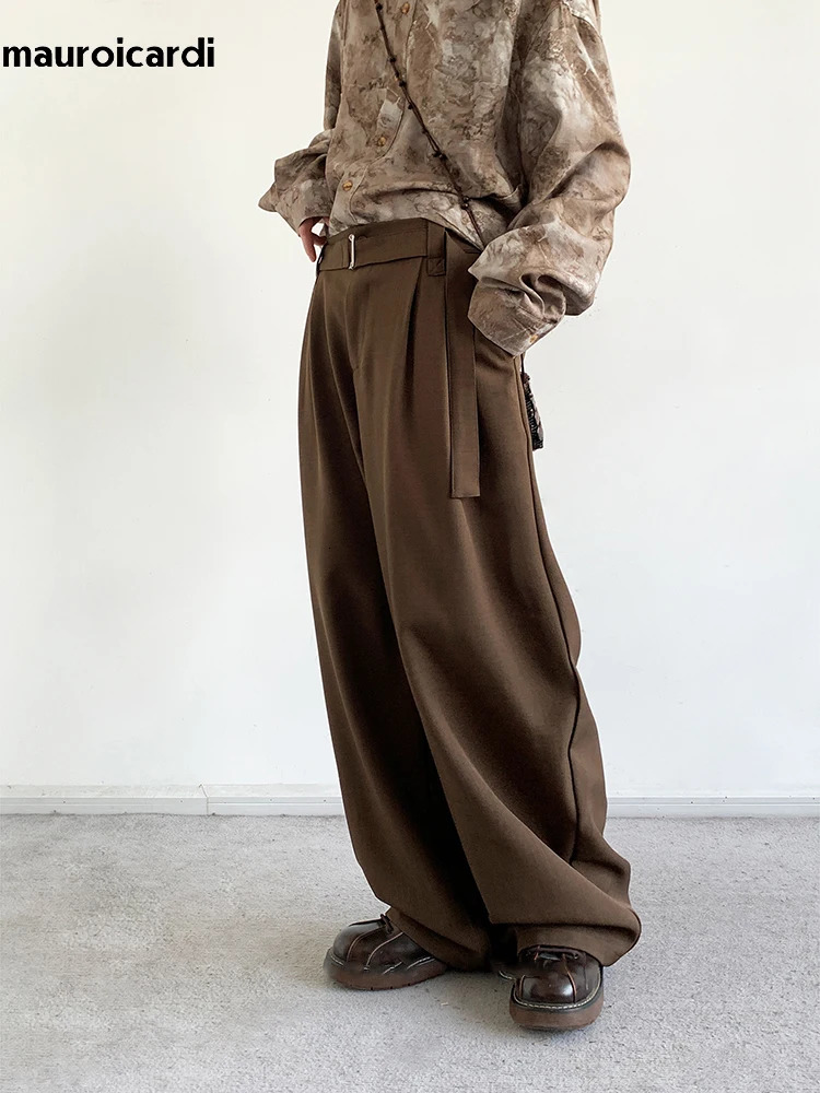 Mauroicardi Spring Autumn Long Coffee Flowy Baggy Wide Leg Pants for Mens Belt Korean Fashion Loose Casual Soft Trousers 250225