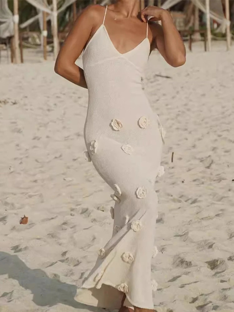 Elegant 3d Flower Knitted Dresses For Women V-neck Backless Sleeveless Lace Up Female Maxi Dress Summer Lady Beach Robe 250225