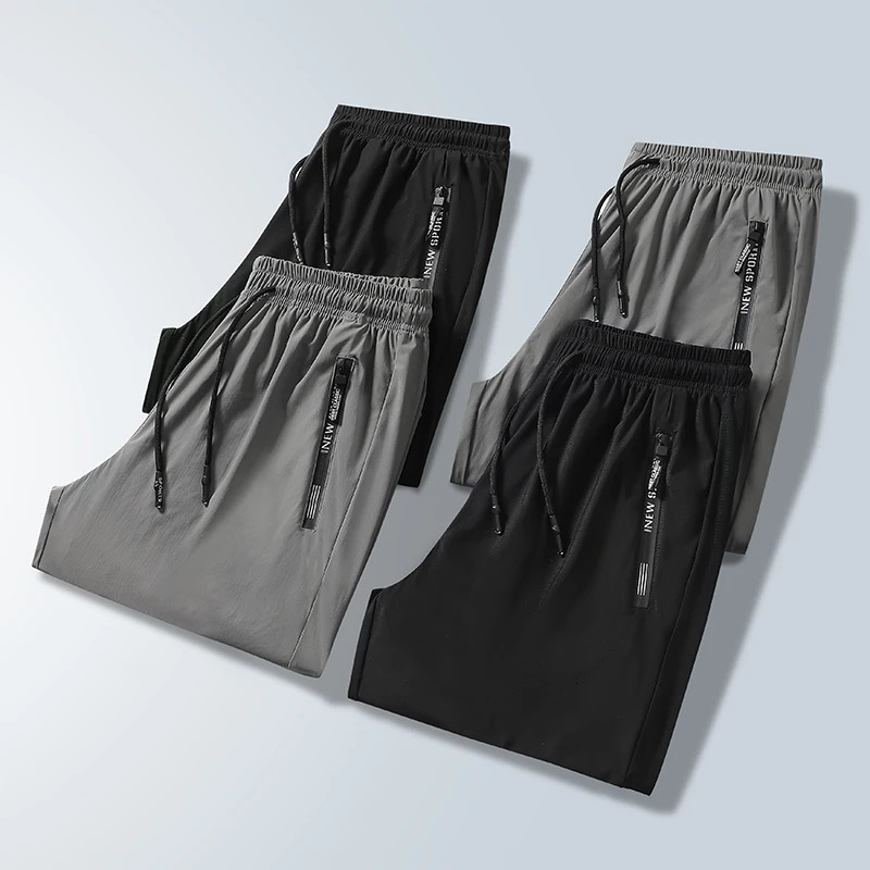 Summer Spring Mens Waist Drawstring Quick Dry High Stretch Solid Color Sports Training Outdoor Long Pants With Zipper Pockets 250226