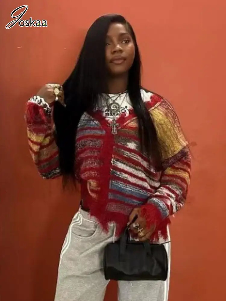 Joskaa Colorful Striped Oversized Knitted Cardigan Women Hipster V-Neck Full Sleeve Button Sweater Coat Outerwear Y2K Streetwear 250225