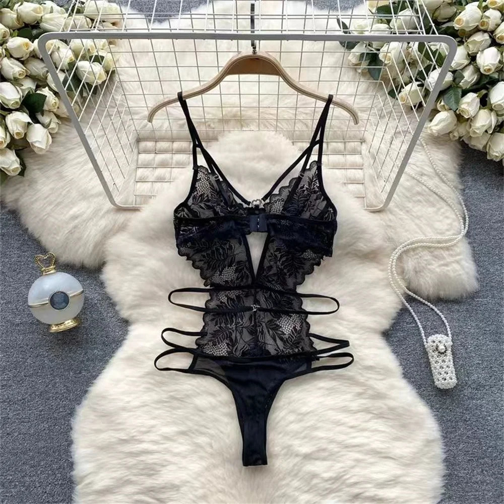 2024 Sexy Transparent Lace Camisole Jumpsuit Hollow Backless Women Pajama Sensual Erotic Ultra Thin Deep v Neck Bodysuit 250210