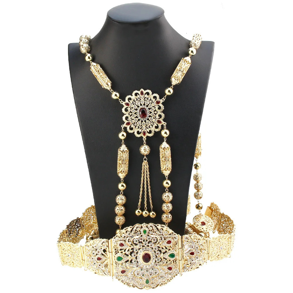 Sunspicems Morocco Bride Dress Caftan Belt Shoulder Chain Set Gold Color Algeria Women Wedding Jewelry Arabic Crystal Body Chain 250225