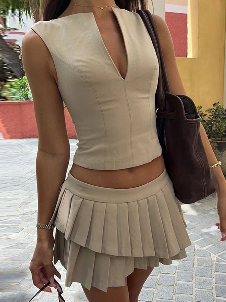 Sleeveless Tank Top Skirt Sets Women V-neck Elegant Slim Vest Tops Pleated Mini Skirts Suits 2 Pieces Female Spring Outfits 250225