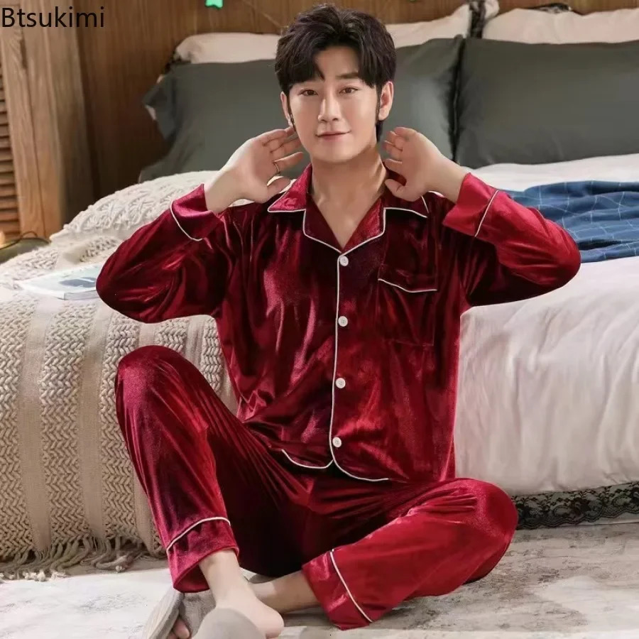 Mens Long Sleeve Pants Pajama Sets High-end Gold Velvet Homewear 2 Piece Sets Loose Lounge Sleepwear Suit Male 250225