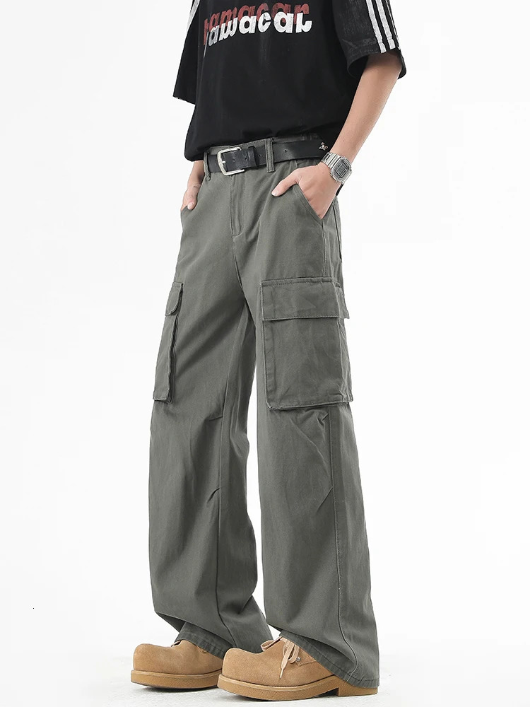 Mens Cargo Pants Spring Summer Korean Fashion 100% Cotton Baggy Style Wide Leg Casual Pants Loose Fit Straight Trousers 250226