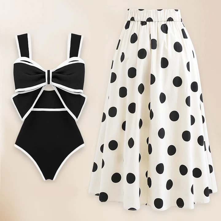 FLAXMAKER Black White Retro One Piece Swimsuit Women Bow Tie Swimwear with Skirt Bathing Suit Monokini Beach Bodysuit 250225