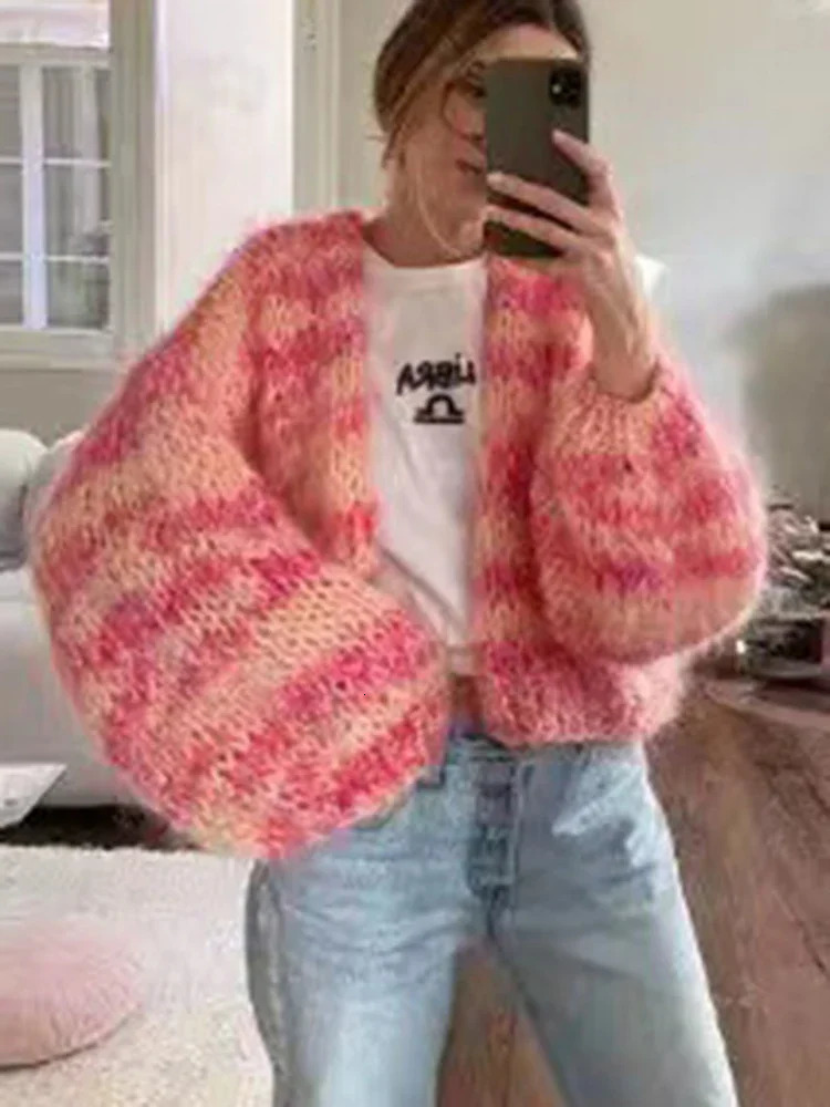 OIINAA Knitted Cardigan for Women Sweater Striped Rainbow Long Sleeve Open Stitch Cardigans Autumn Winter Fashion Outerwears 250225