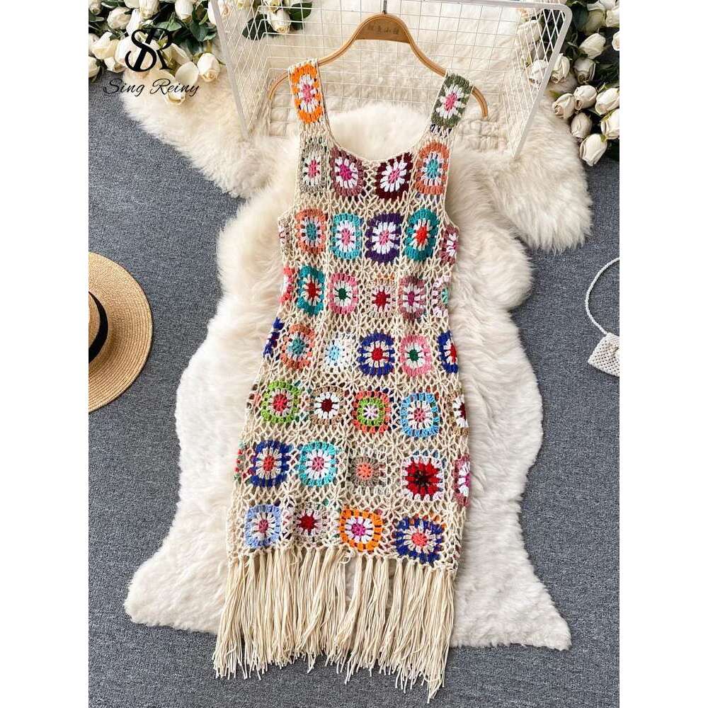 SINGREINY 2023 Sunmmer Knitted Hook wer Hollow Out Tassel Women Slim Streetwear Original Design Fashion Vintage Dress
