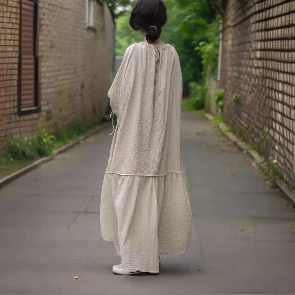 Women's Solid String Cotton En Dress Summer Quality Elegant Short Sleeve O-Neck Patchwork Maxi Haruku Plus Size Vestidos