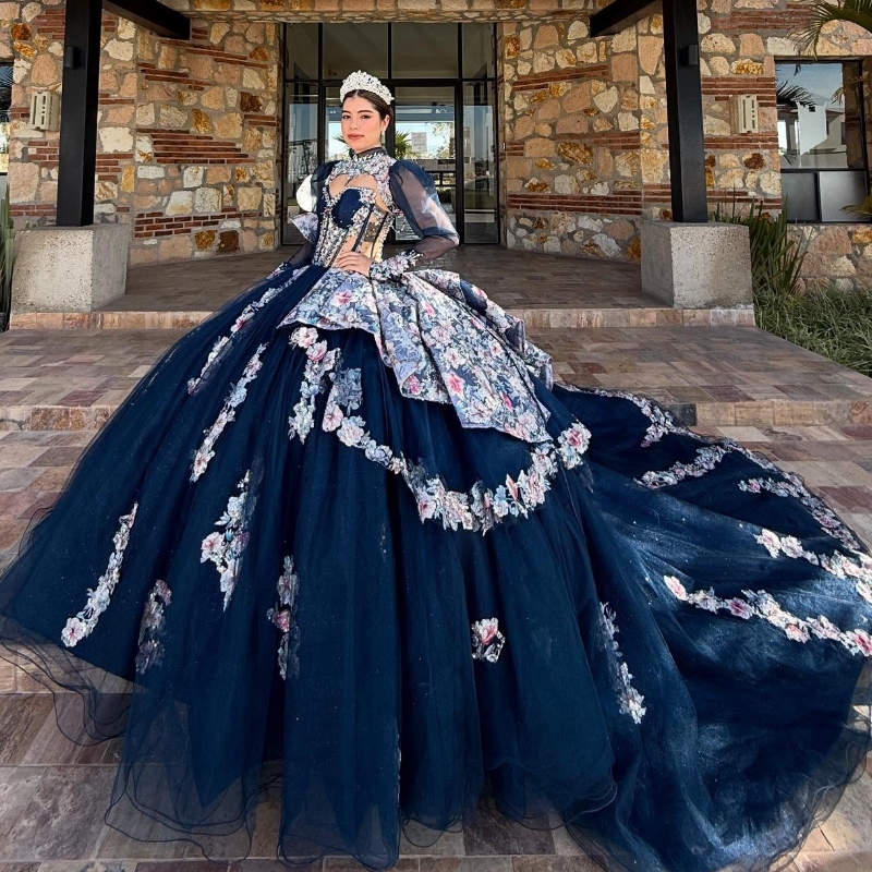 Navy Blue Shiny Quinceanera Dresses Ball Gown Off Shoulder Applique Lace Beading Crystal Tull Corset Sweet 16 Dress Vestidos 15 De Anos