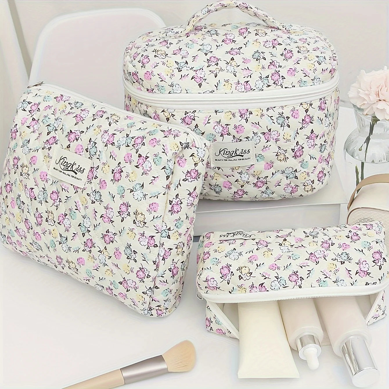3pcs Large Capacity Quilted Makeup BagTravel Coquette Cosmetic Bag Aesthetic Cute Floral Toiletry Organizer Skincare Bag 250221