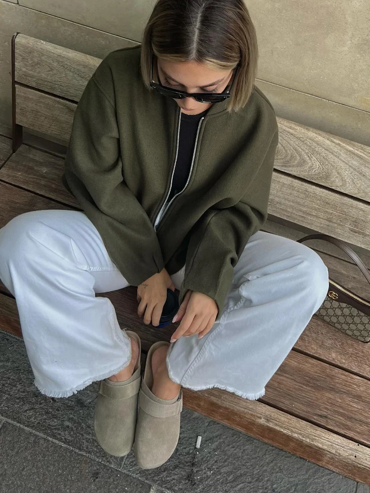 Casual Burgundy Red Mini Jacket Women Loose Solid O Neck Full Sleeve Zipper Pocket Female Coat 2024 Autumn Thicken Lady Outwear 250225